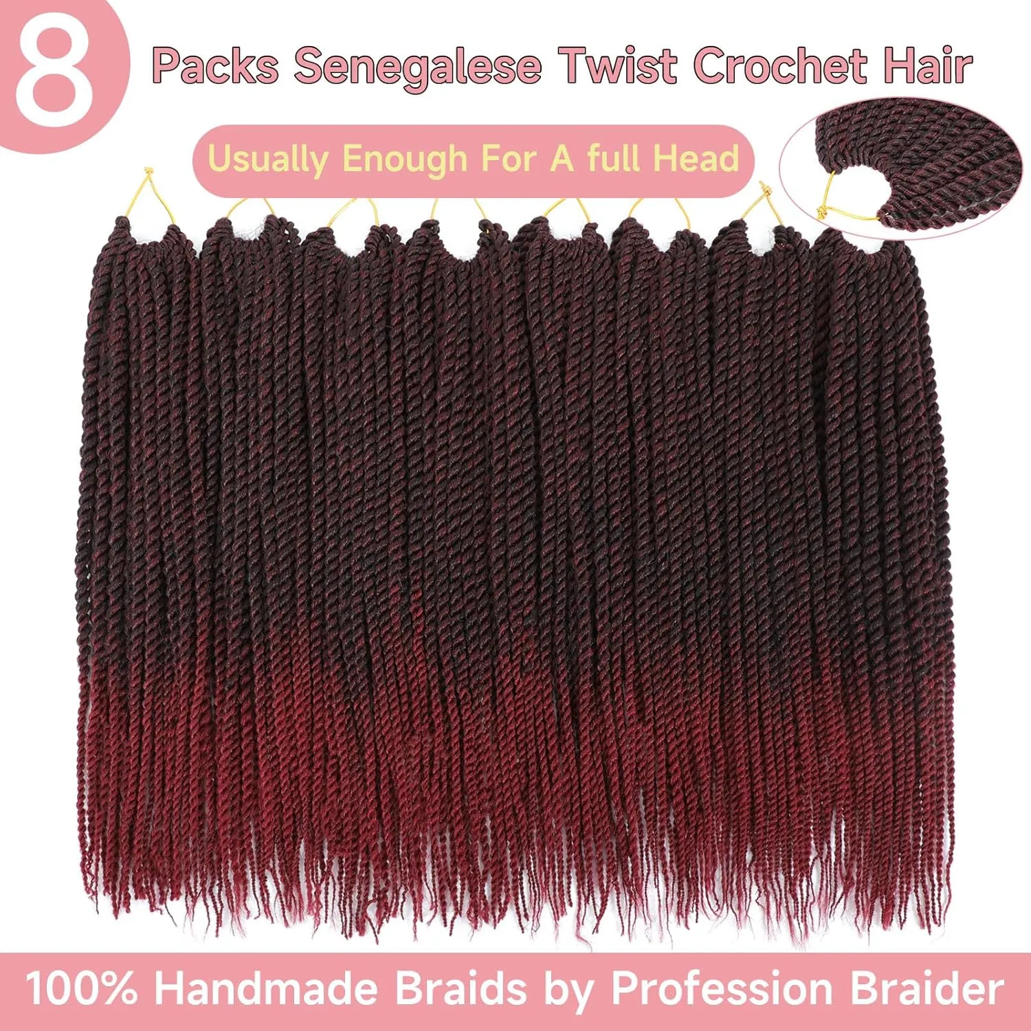 Senegalese Twist Crochet Hair-8 Packs 18 Inch Two Tone Senegalese Twist Crochet Braids For Women Human Hair,Black/Burgundy Pre Looped Crochet Braids, Synthetic Twist Crochet Hair (18in,TBug#)