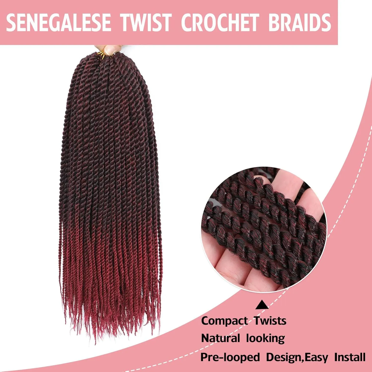 Senegalese Twist Crochet Hair-8 Packs 18 Inch Two Tone Senegalese Twist Crochet Braids For Women Human Hair,Black/Burgundy Pre Looped Crochet Braids, Synthetic Twist Crochet Hair (18in,TBug#)