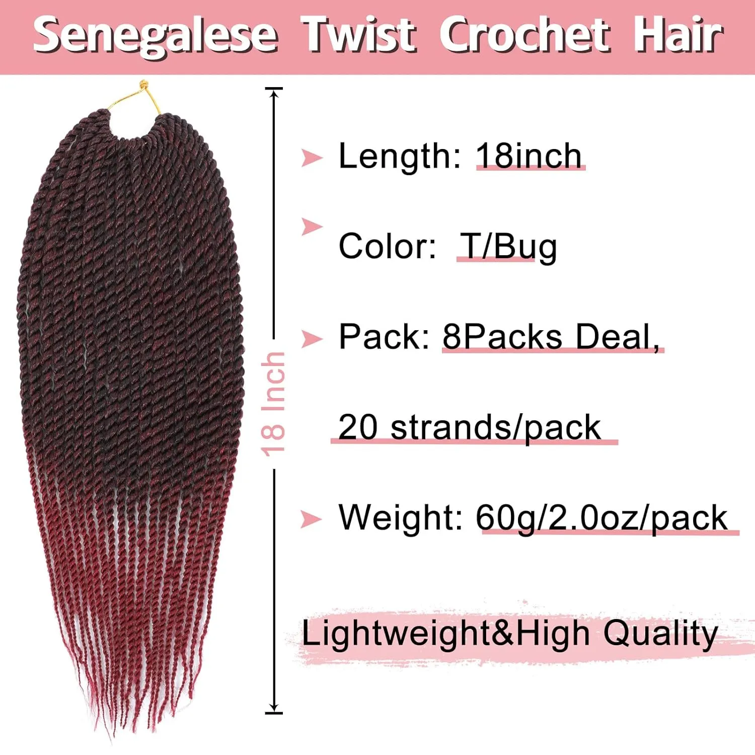 Senegalese Twist Crochet Hair-8 Packs 18 Inch Two Tone Senegalese Twist Crochet Braids For Women Human Hair,Black/Burgundy Pre Looped Crochet Braids, Synthetic Twist Crochet Hair (18in,TBug#)