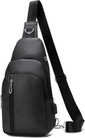 Seoky Rop Men Leather Sling Bag Purse Waterproof Crossbody Chest Bag Sling Backpack with USB Charging Port One Shoulder Bag Black