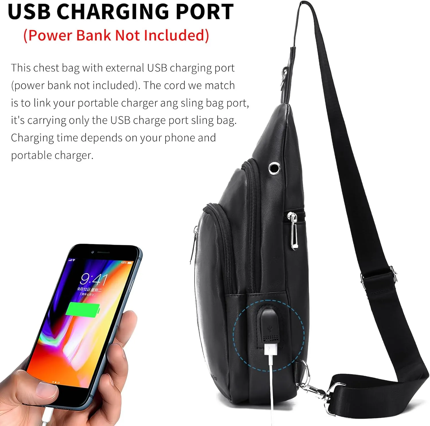Seoky Rop Men Leather Sling Bag Purse Waterproof Crossbody Chest Bag Sling Backpack with USB Charging Port One Shoulder Bag Black