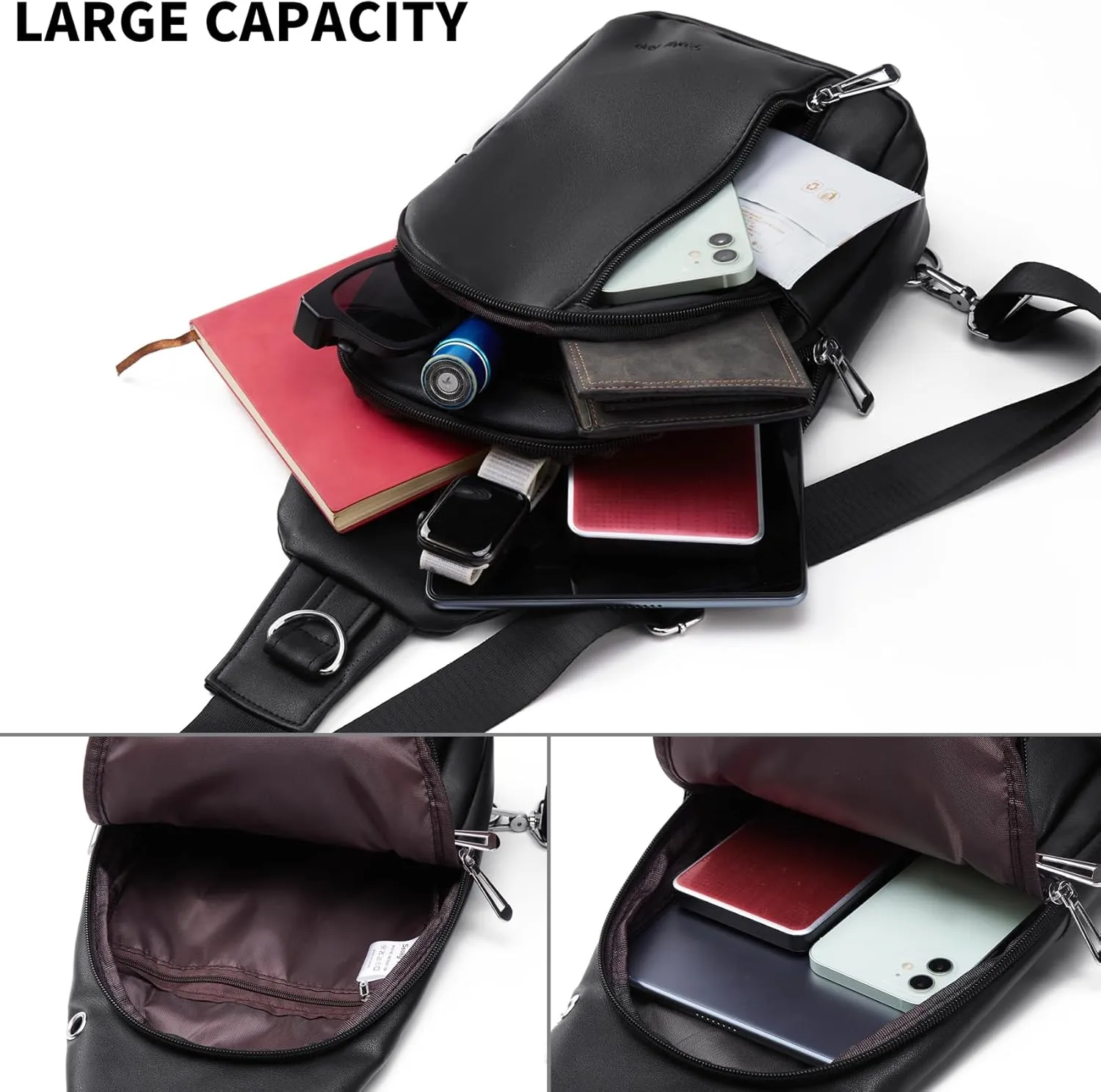 Seoky Rop Men Leather Sling Bag Purse Waterproof Crossbody Chest Bag Sling Backpack with USB Charging Port One Shoulder Bag Black
