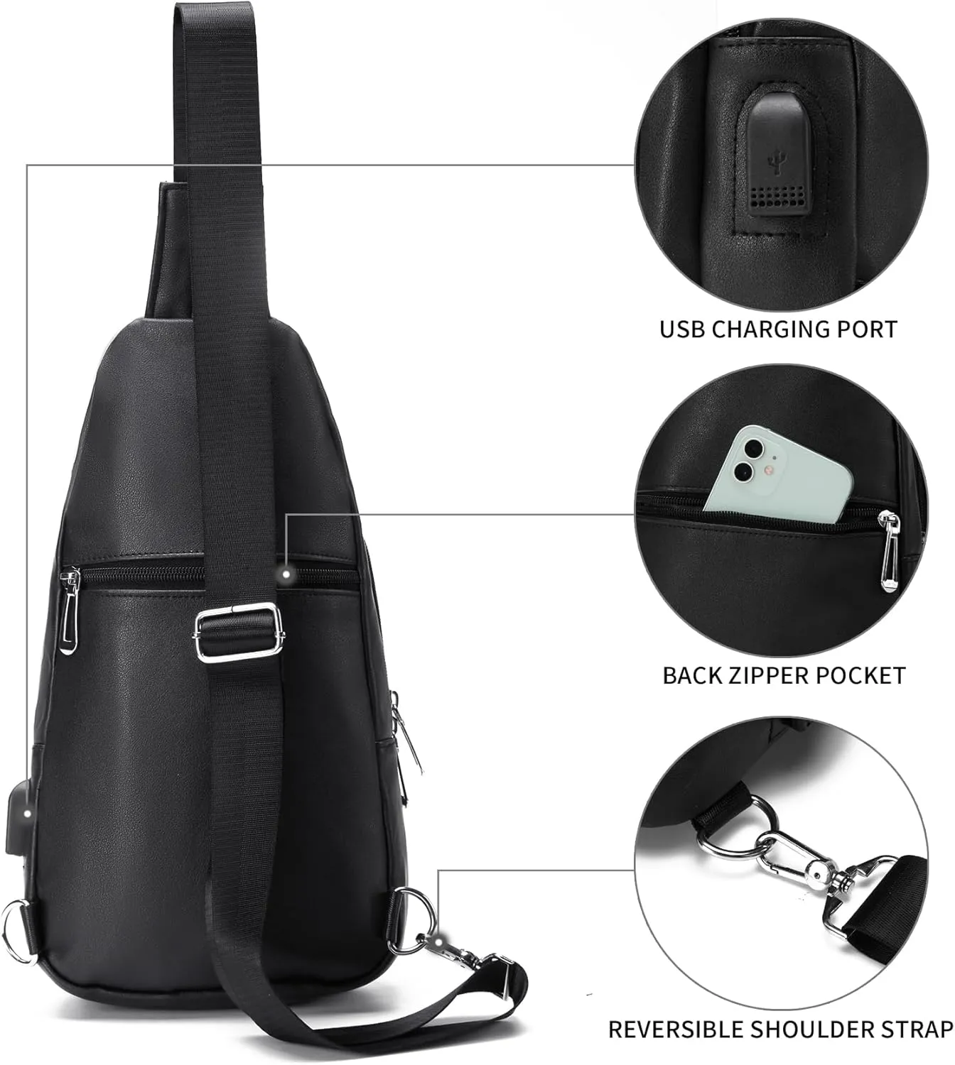 Seoky Rop Men Leather Sling Bag Purse Waterproof Crossbody Chest Bag Sling Backpack with USB Charging Port One Shoulder Bag Black