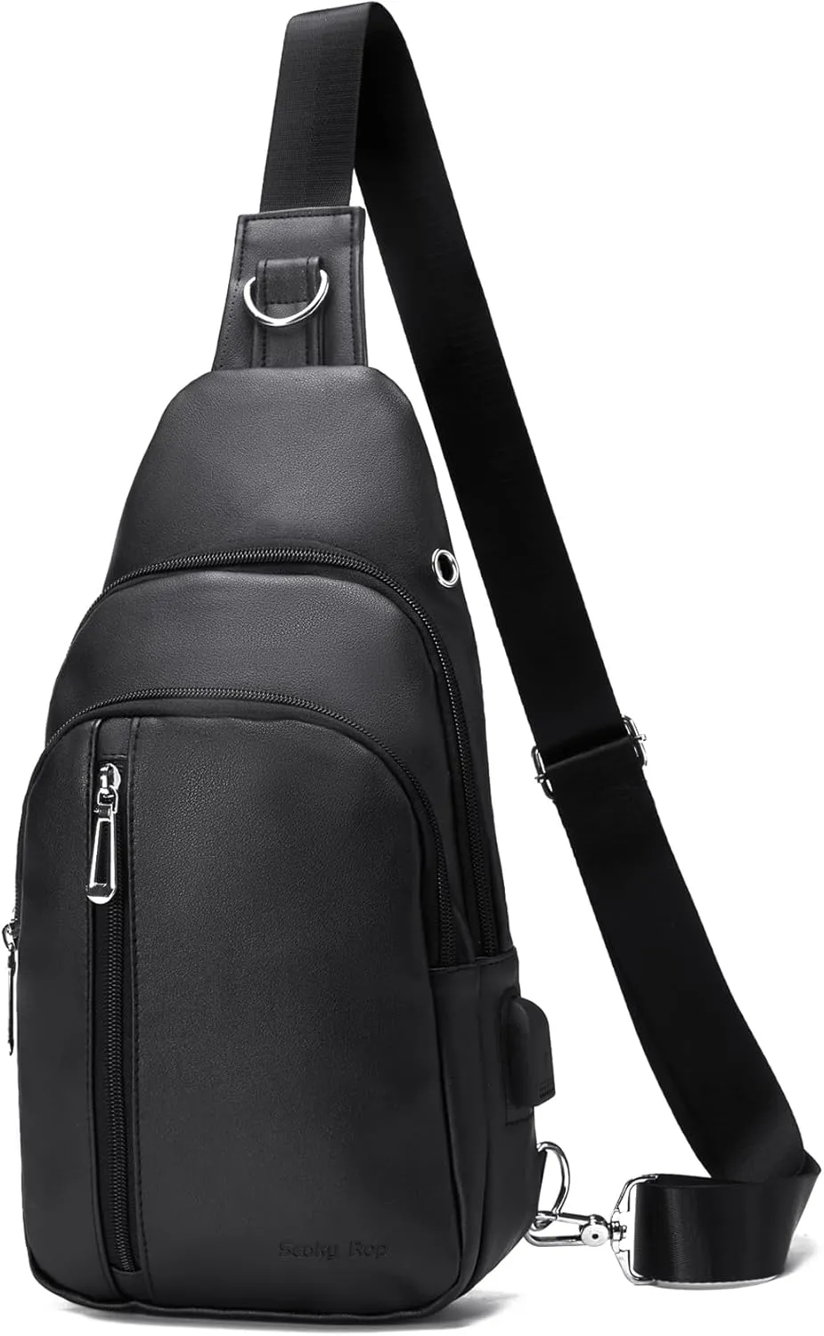 Seoky Rop Men Leather Sling Bag Purse Waterproof Crossbody Chest Bag Sling Backpack with USB Charging Port One Shoulder Bag Black