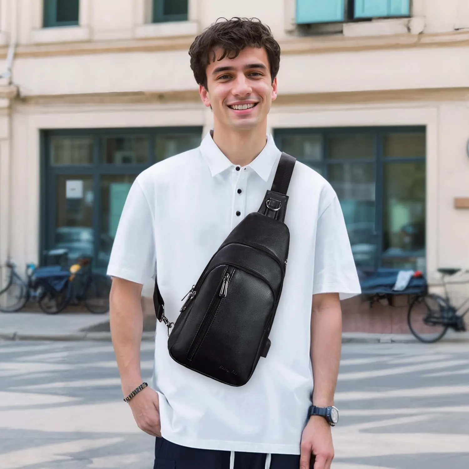 Seoky Rop Men Leather Sling Bag Purse Waterproof Crossbody Chest Bag Sling Backpack with USB Charging Port One Shoulder Bag Black