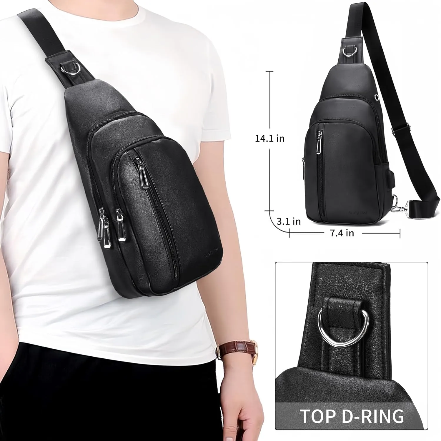 Seoky Rop Men Leather Sling Bag Purse Waterproof Crossbody Chest Bag Sling Backpack with USB Charging Port One Shoulder Bag Black