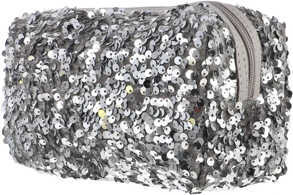 Sequin Cosmetic Bag Portable Glitter Makeup Zipper Bag Toiletry Bag Sequin Organizer Bag for Women Girls Travel Daily Use (Black)
