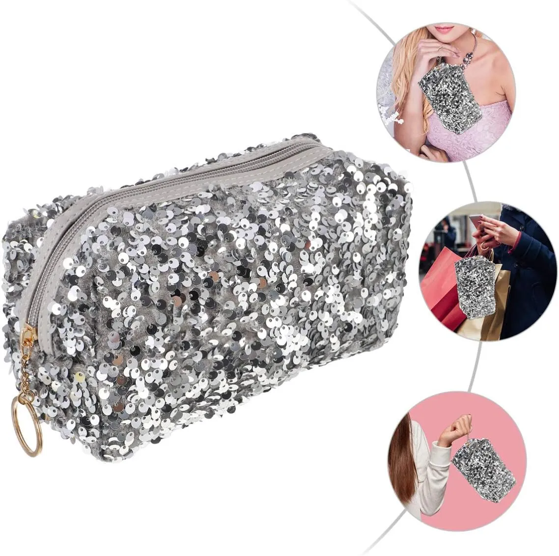 Sequin Cosmetic Bag Portable Glitter Makeup Zipper Bag Toiletry Bag Sequin Organizer Bag for Women Girls Travel Daily Use (Black)