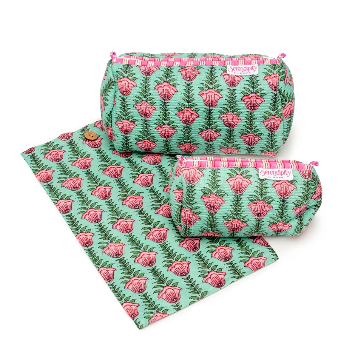 Serendipity Cotton Cosmetic Bag Set - Lt Green Lotus