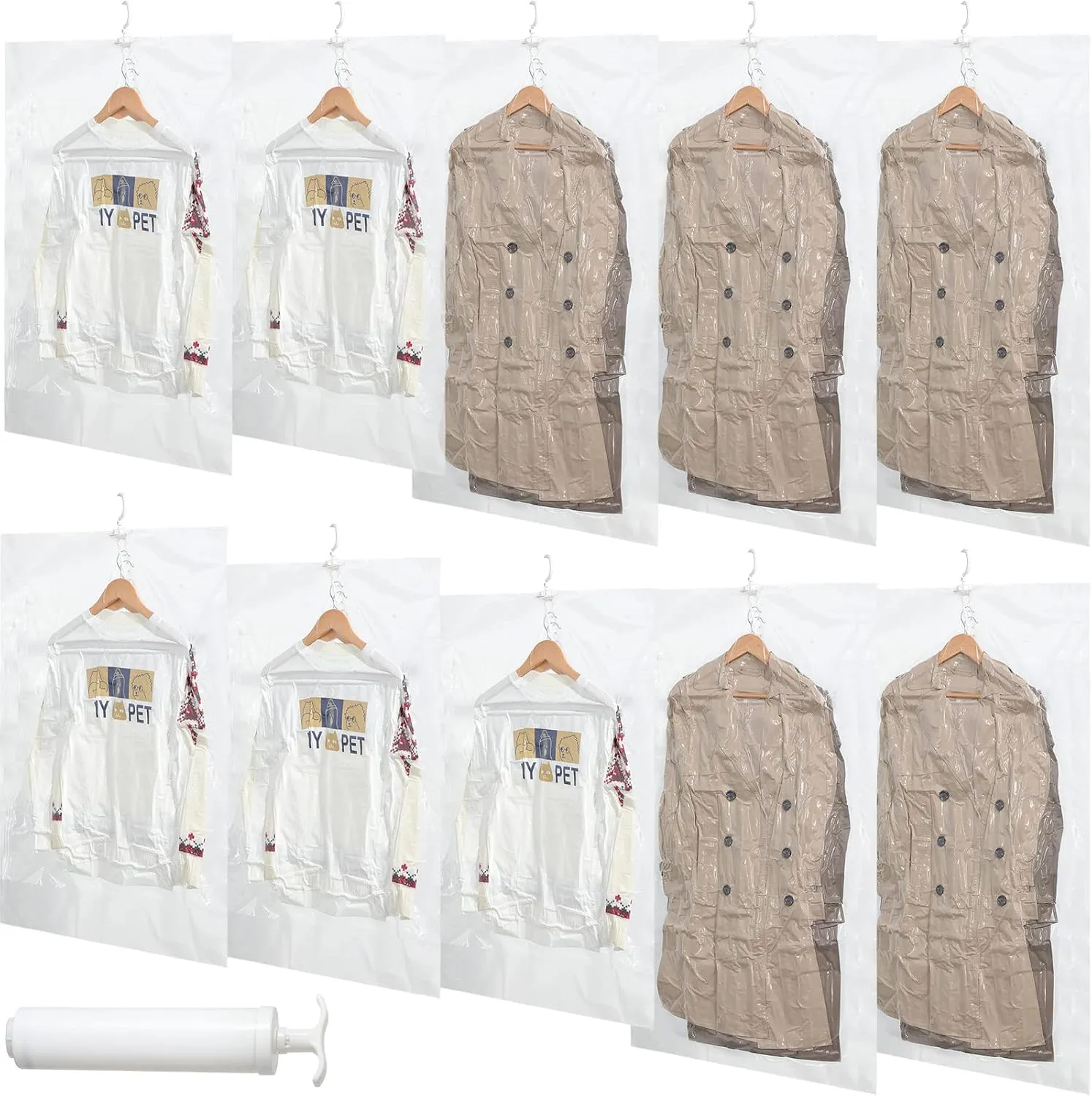 Shappy 10 Pcs Hanging Vacuum Storage Bags for Space Clothes Seal Saver with 1 Hand Pump, 5 Long 53'' x 27.6'', Short 43.3'' 27.6'' Clear Suits Dress Jackets Coat Closet Organizer