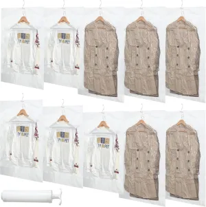 Shappy 10 Pcs Hanging Vacuum Storage Bags for Space Clothes Seal Saver with 1 Hand Pump, 5 Long 53'' x 27.6'', Short 43.3'' 27.6'' Clear Suits Dress Jackets Coat Closet Organizer