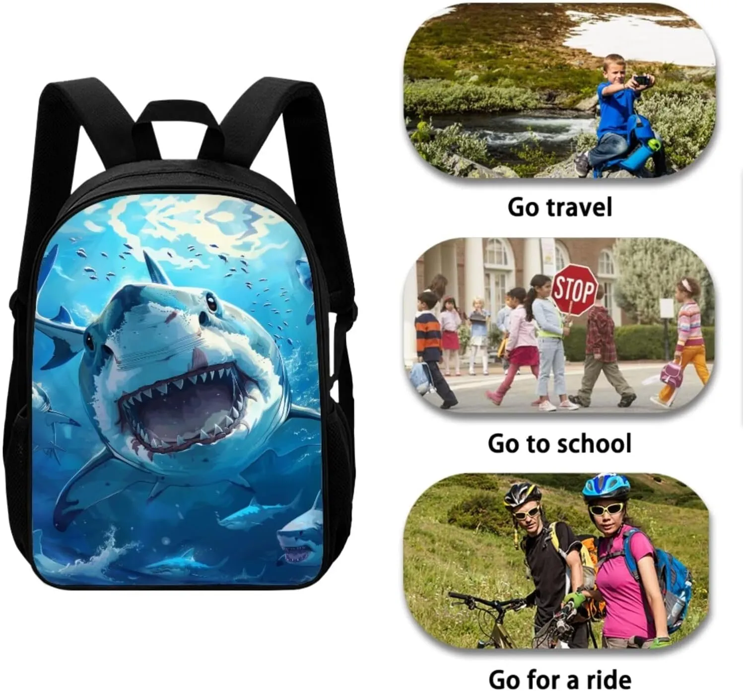 Sharks Boys Bookbag with Lunch Box Age10-12 Years Old Messenger Bag for School Grease Proofing Foldable Lunch Box for Boy Pencil Case Pouch for Junior Middle School