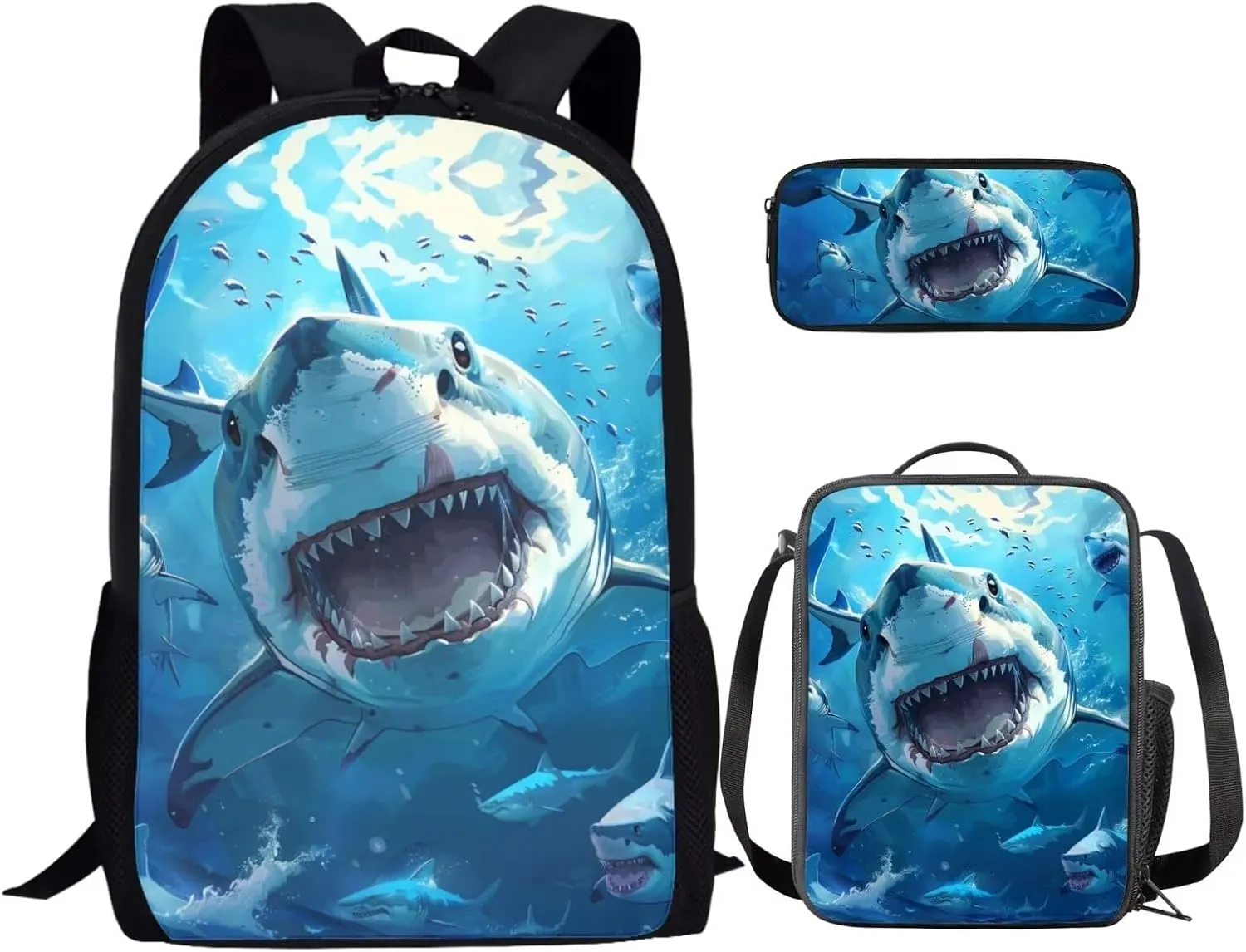 Sharks Boys Bookbag with Lunch Box Age10-12 Years Old Messenger Bag for School Grease Proofing Foldable Lunch Box for Boy Pencil Case Pouch for Junior Middle School