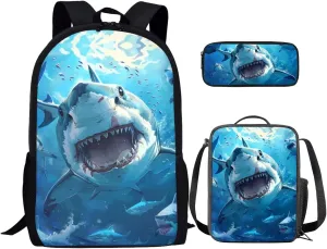 Sharks Boys Bookbag with Lunch Box Age10-12 Years Old Messenger Bag for School Grease Proofing Foldable Lunch Box for Boy Pencil Case Pouch for Junior Middle School
