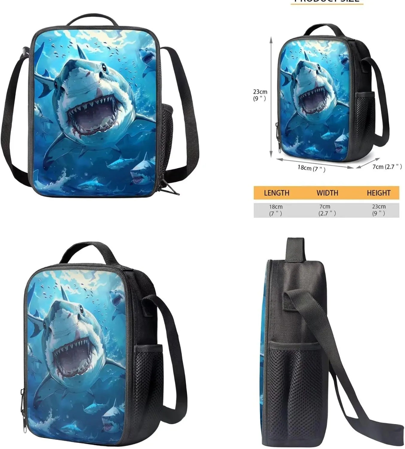 Sharks Boys Bookbag with Lunch Box Age10-12 Years Old Messenger Bag for School Grease Proofing Foldable Lunch Box for Boy Pencil Case Pouch for Junior Middle School