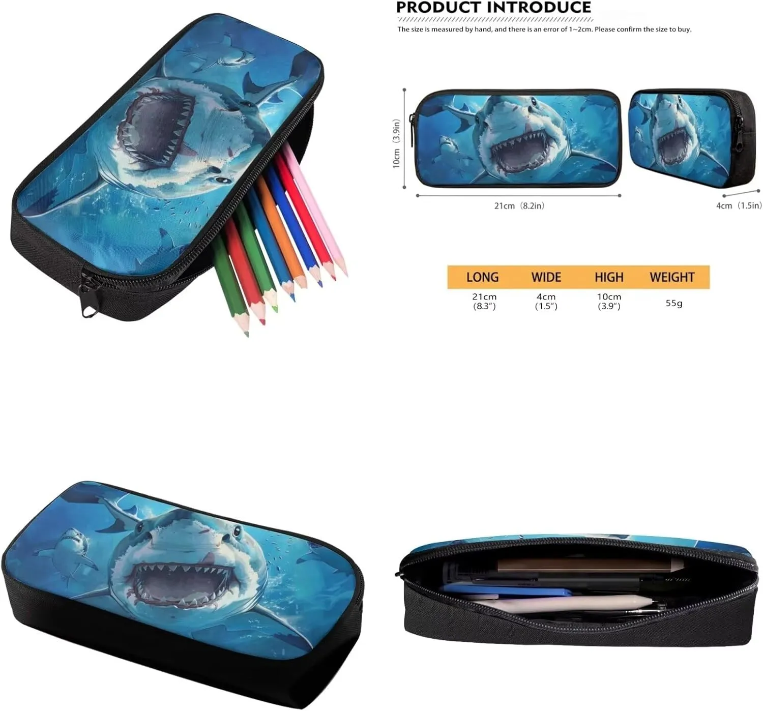 Sharks Boys Bookbag with Lunch Box Age10-12 Years Old Messenger Bag for School Grease Proofing Foldable Lunch Box for Boy Pencil Case Pouch for Junior Middle School