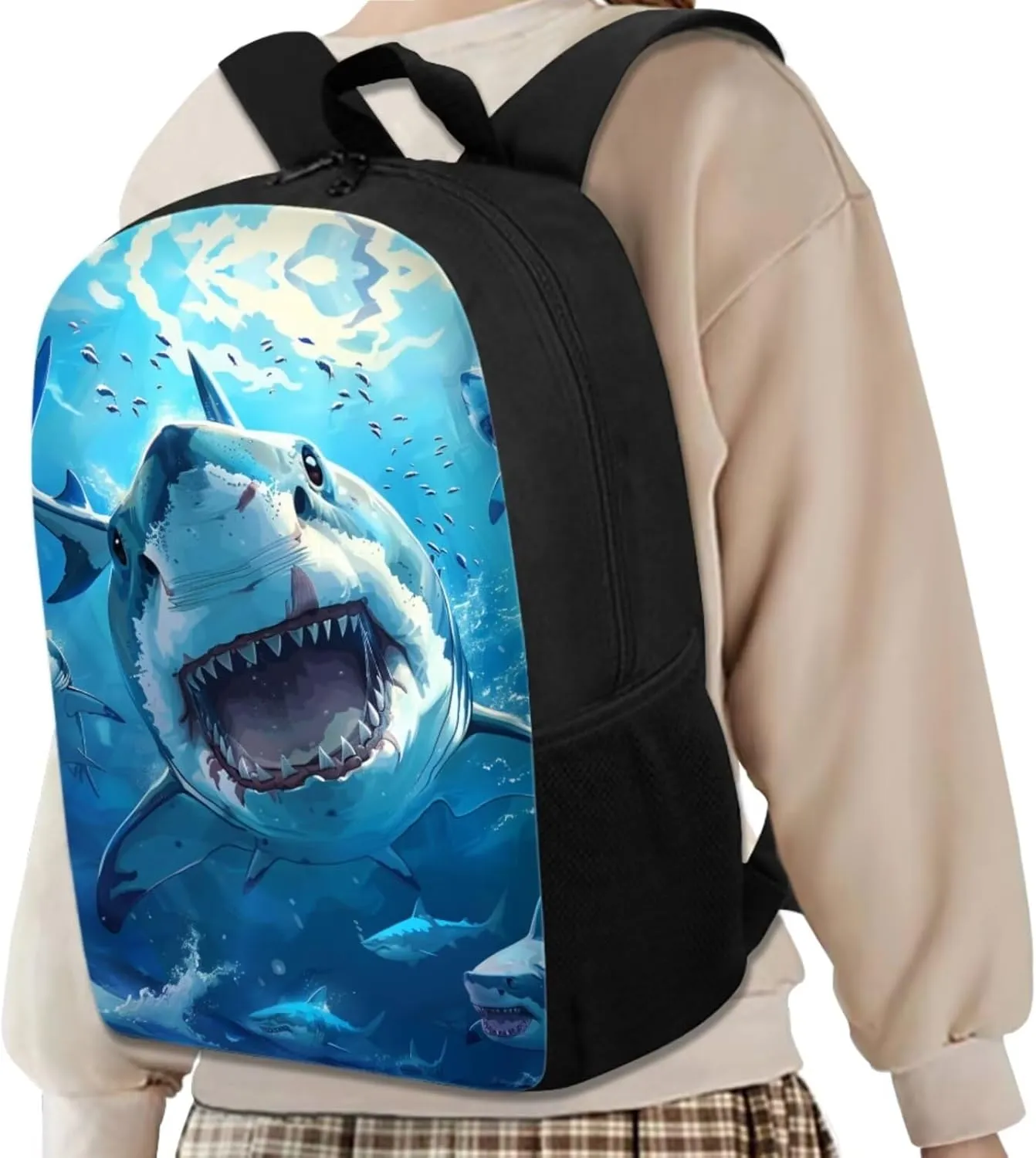 Sharks Boys Bookbag with Lunch Box Age10-12 Years Old Messenger Bag for School Grease Proofing Foldable Lunch Box for Boy Pencil Case Pouch for Junior Middle School