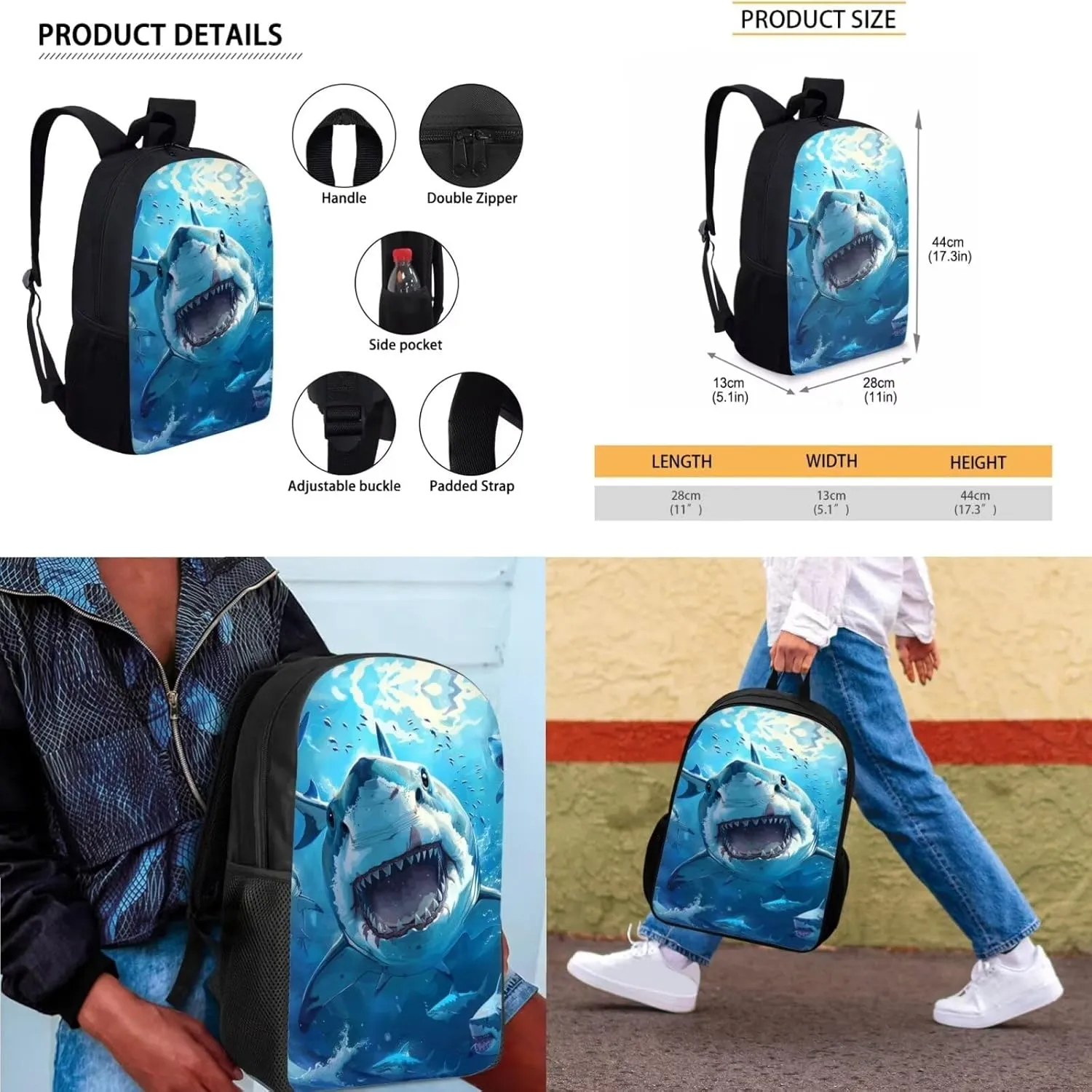 Sharks Boys Bookbag with Lunch Box Age10-12 Years Old Messenger Bag for School Grease Proofing Foldable Lunch Box for Boy Pencil Case Pouch for Junior Middle School