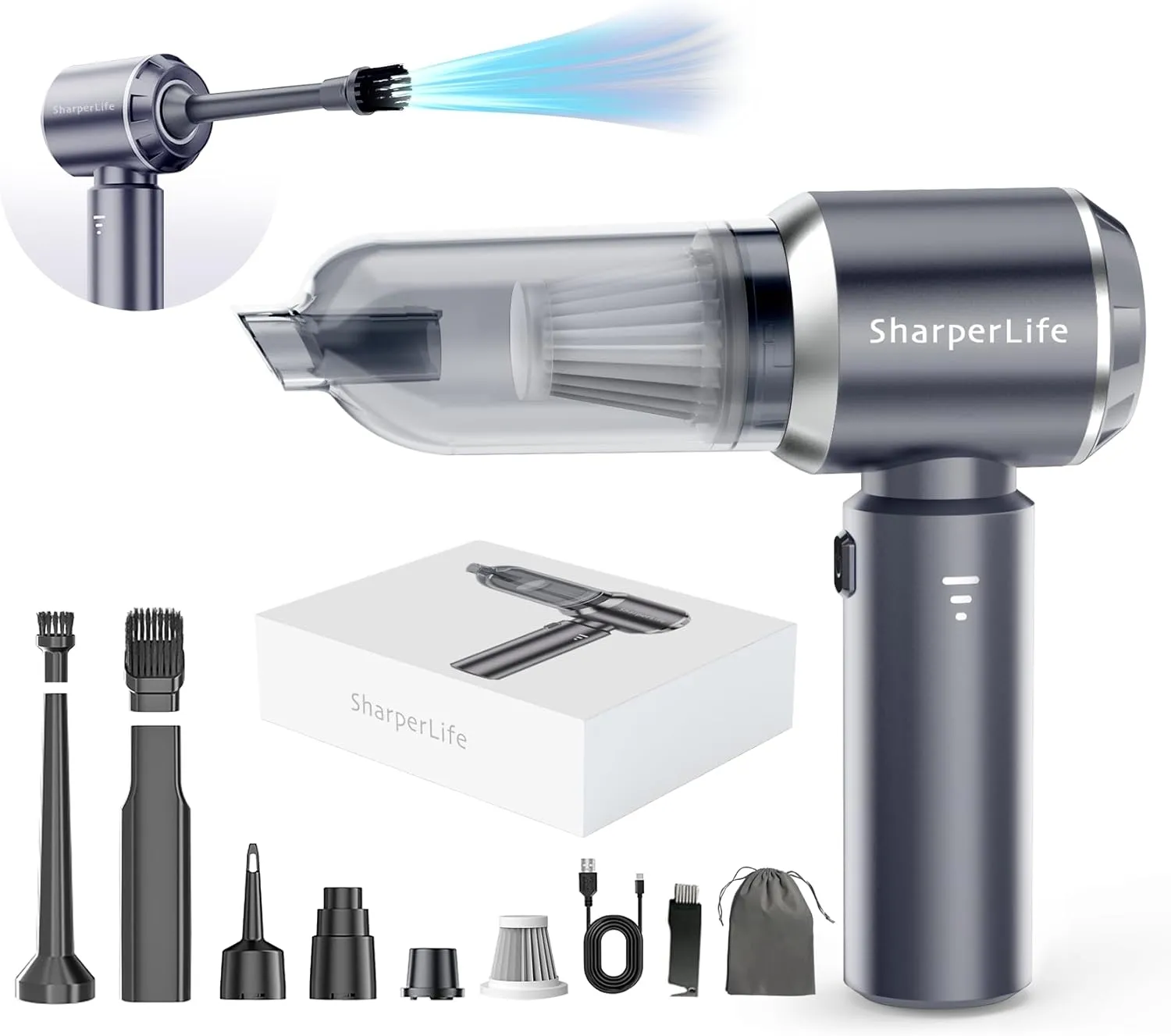 Sharperlife Cordless Handheld Vacuum Cleaner, Rechargeable Portable Vacuum for Home, Car, and Camping, 15KPA Strong Suction, 30mins Runtime, Lightweight, Eco-Friendly Packaging
