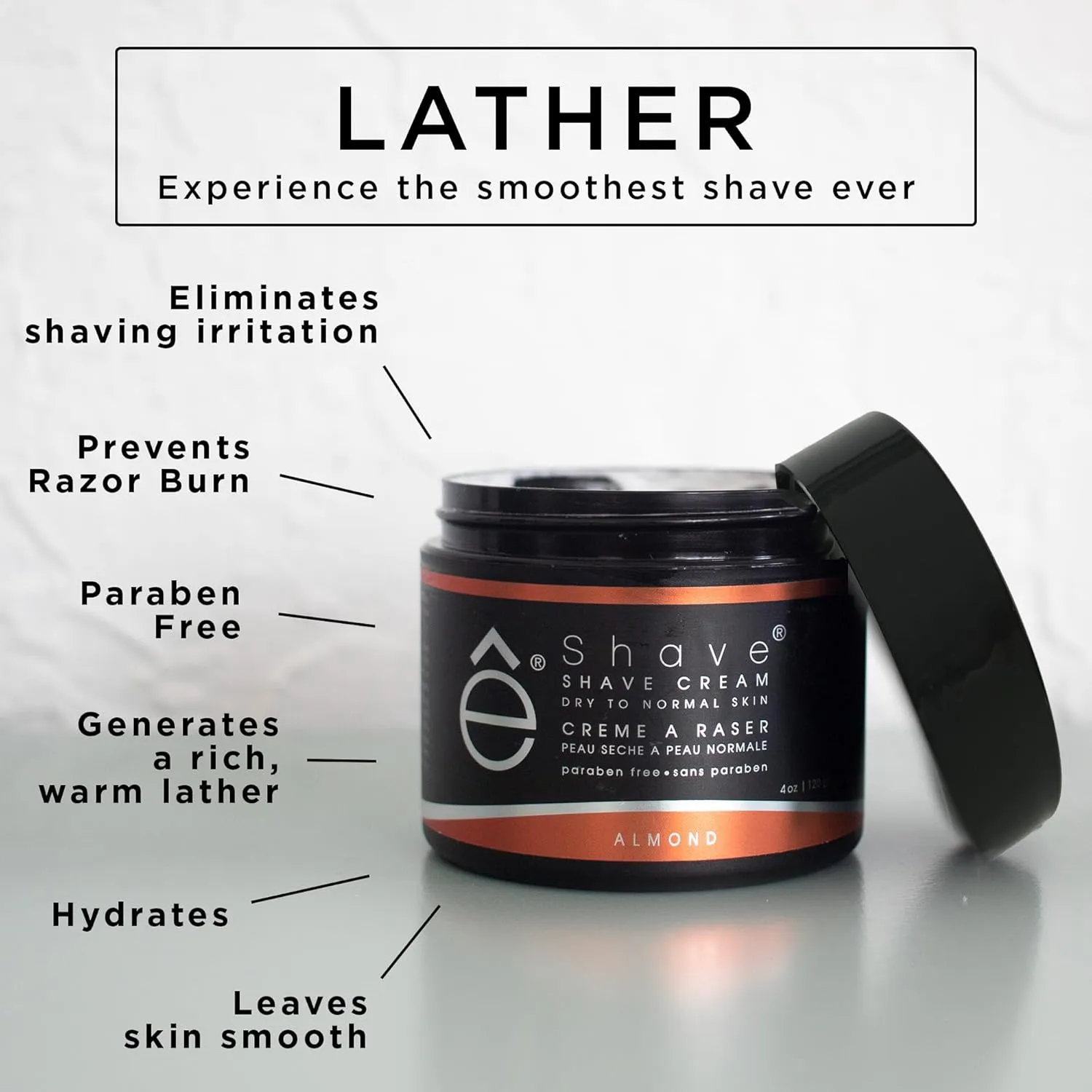 Shaving Cream for Men 4 oz, Almond, prevents shaving irritation and razor burn, generates a rich lather for a soft, silky, Smoothest Shave