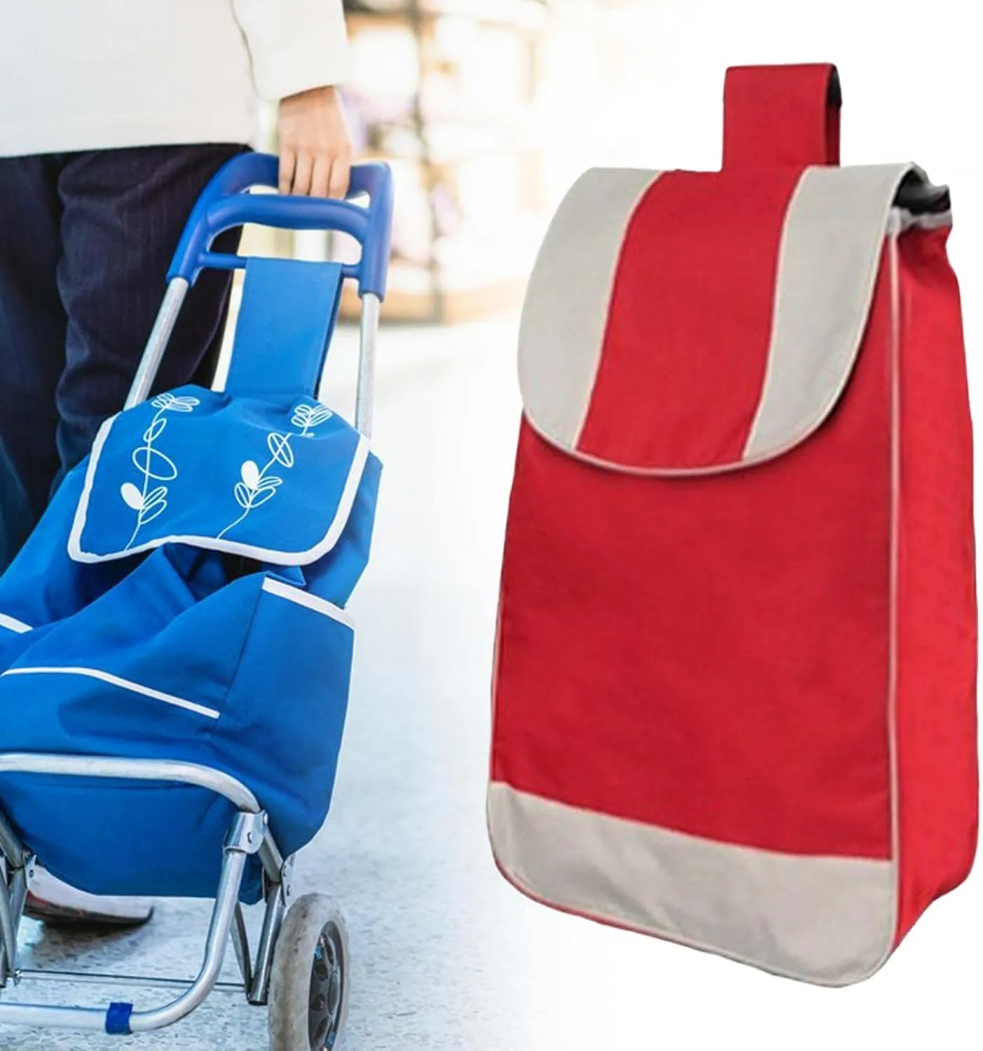Shopping Cart Replacement Bag Trolley Bag Oxford Cloth Waterproof Reusable with Side Pockets and Rear Pocket Folding Essential Daily Bag, Style G