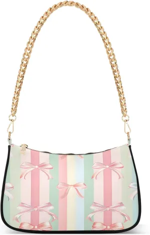 Shoulder Bags for Women Bows Pastel Pink Strips Hobo Tote Handbag Small Clutch Purse with Zipper Closure