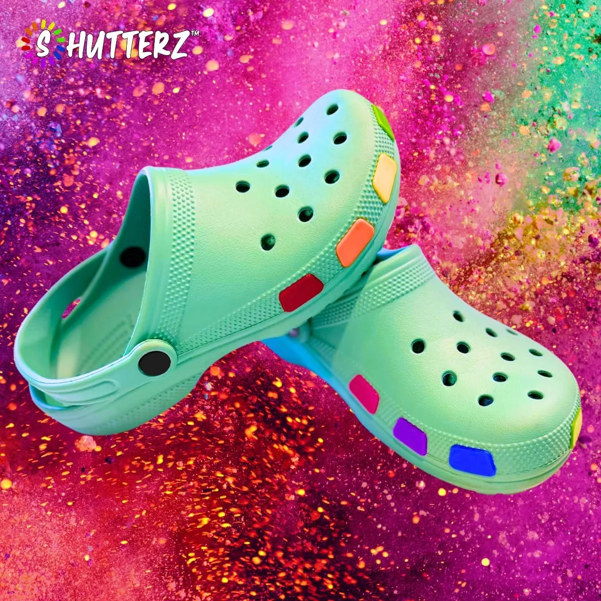 SHUTTERZ 14 Pack Colored Shoe Charms, Compatible with Classic Crocs, Crush Crocs and All Terrain Crocs, Functional Charms for Girls, Boys, Kids, Teens, Men, Women