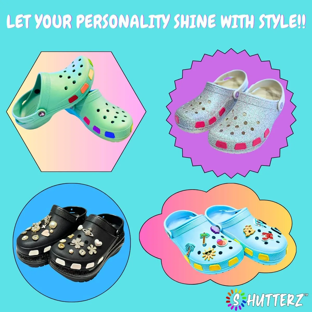 SHUTTERZ 14 Pack Colored Shoe Charms, Compatible with Classic Crocs, Crush Crocs and All Terrain Crocs, Functional Charms for Girls, Boys, Kids, Teens, Men, Women