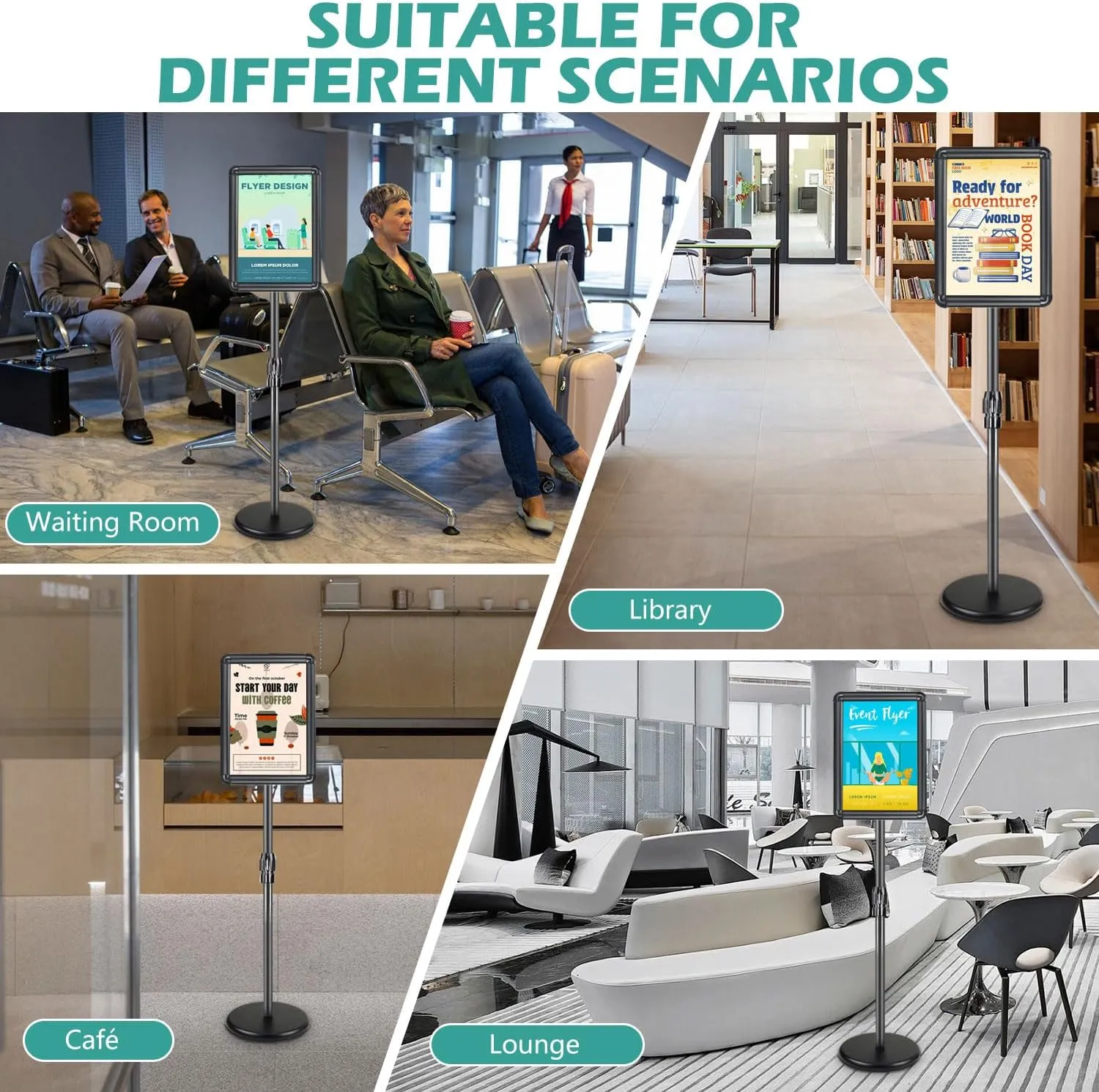 Sign Holder - 6 Packs Adjustable Standing Sign Stand Holder, Pedestal Floor Poster Stand 8.5x11 inch, Snap Frame for Vertical and Horizontal View, Sign Display Stand for Business Mall, Black