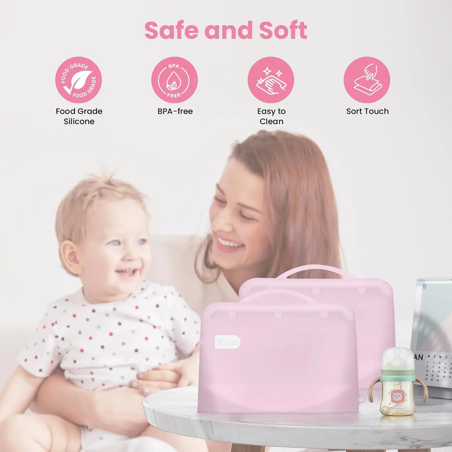 Silicone Microwave Steam Sterilizer Bag for Baby Bottles, Reusable Sterilizing Bag for Pump Parts and Toddler Accessories, Easy to Use Sterilizer Bags Perfect for Home and Travel, Pink& White (2PC)