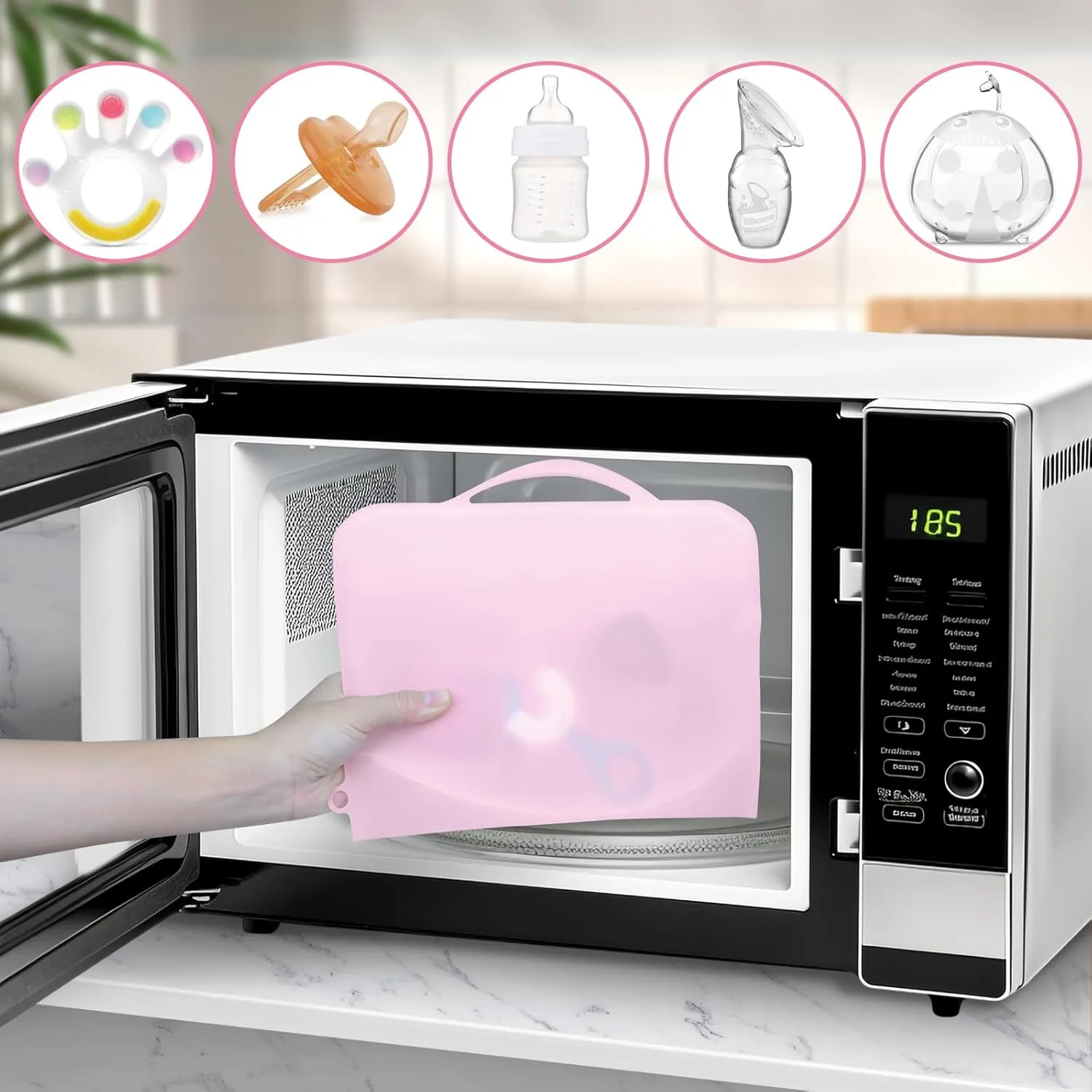 Silicone Microwave Steam Sterilizer Bag for Baby Bottles, Reusable Sterilizing Bag for Pump Parts and Toddler Accessories, Easy to Use Sterilizer Bags Perfect for Home and Travel, Pink& White (2PC)
