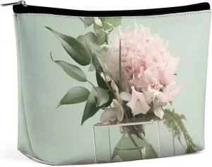Simple Travel Makeup Bag with Zipper, Floral Vase Leather Makeup pouch Toiletry Bag,Portable Cosmetic Bag,Waterproof Toiletry Bag for Women