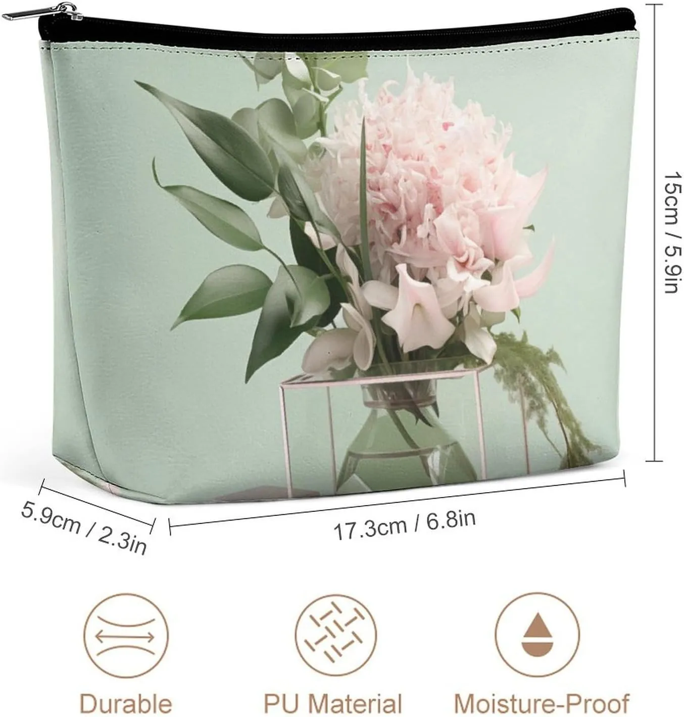 Simple Travel Makeup Bag with Zipper, Floral Vase Leather Makeup pouch Toiletry Bag,Portable Cosmetic Bag,Waterproof Toiletry Bag for Women