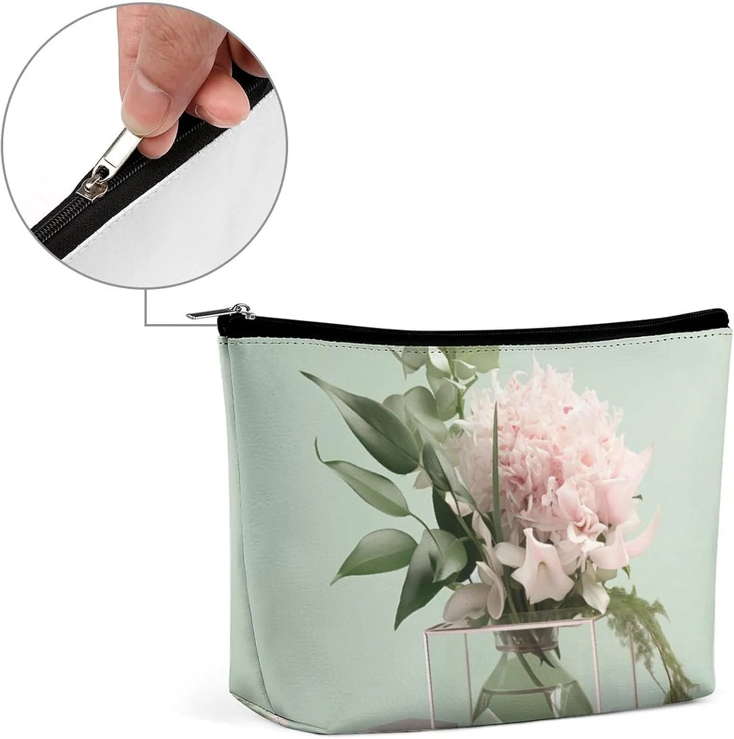 Simple Travel Makeup Bag with Zipper, Floral Vase Leather Makeup pouch Toiletry Bag,Portable Cosmetic Bag,Waterproof Toiletry Bag for Women