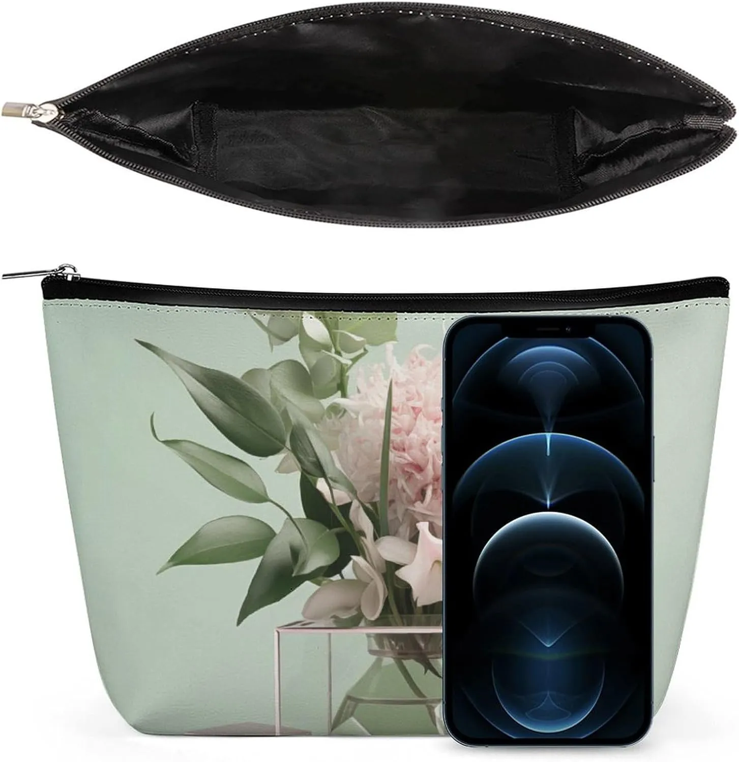 Simple Travel Makeup Bag with Zipper, Floral Vase Leather Makeup pouch Toiletry Bag,Portable Cosmetic Bag,Waterproof Toiletry Bag for Women
