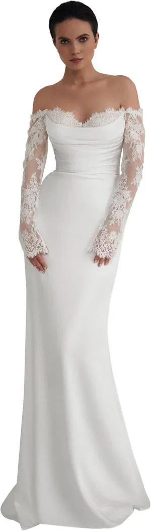 Simple Wedding Dresses for Bride Sexy Mermaid Lace Long Sleeve Bridal Dress for Bride with Train