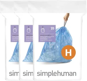 simplehuman Code H 60 Count, Genuine Custom Fit Liners, Drawstring Trash Bags in Dispenser Packs, 30-35 Liter / 8-9.2 Gallon, Blue