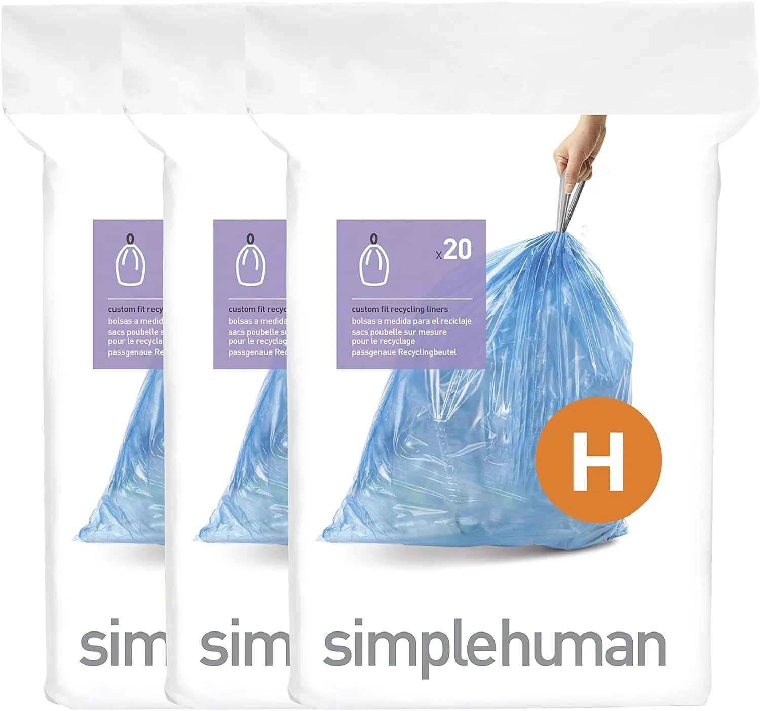 simplehuman Code H 60 Count, Genuine Custom Fit Liners, Drawstring Trash Bags in Dispenser Packs, 30-35 Liter / 8-9.2 Gallon, Blue