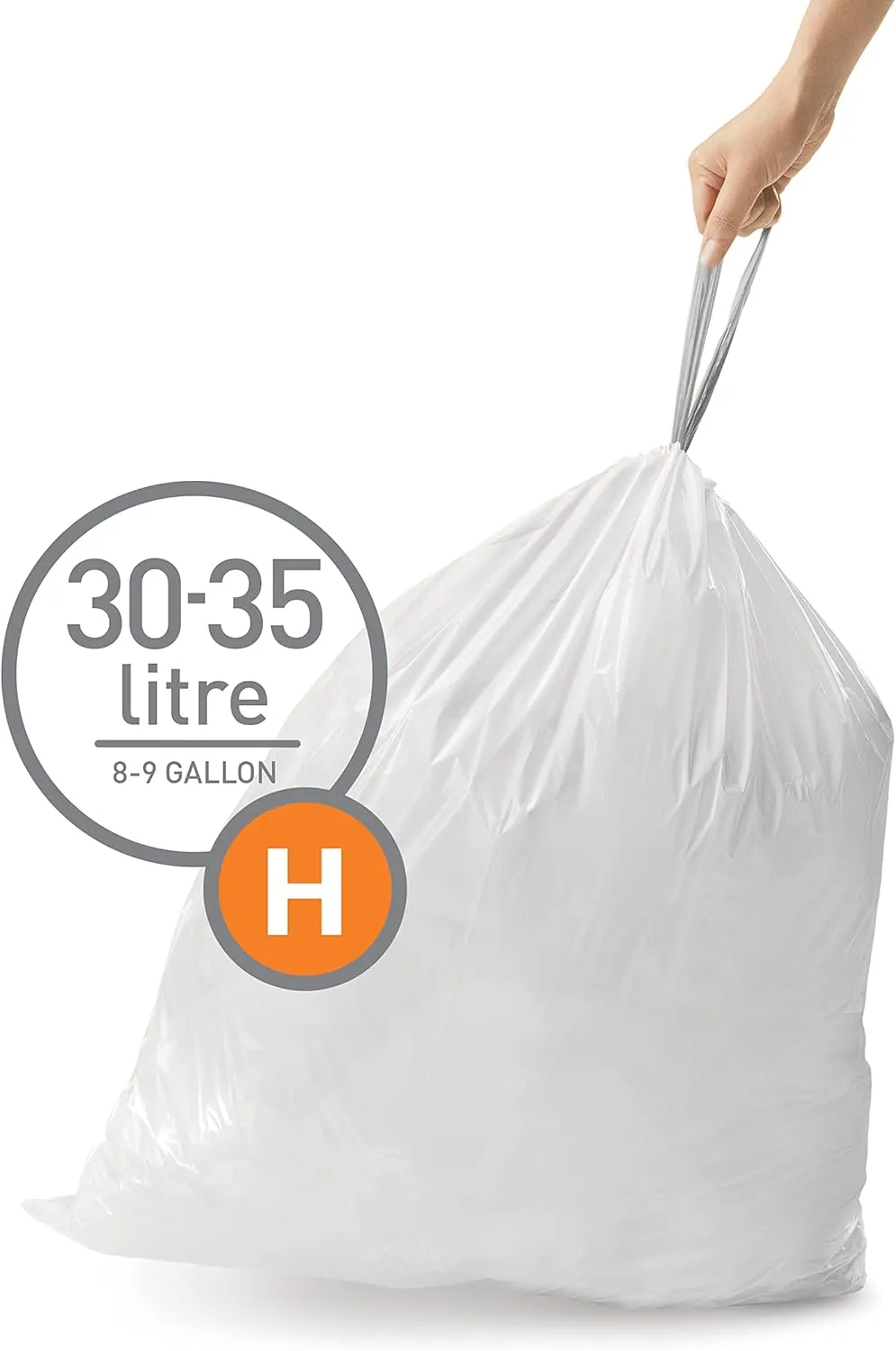 simplehuman Code H 60 Count, Genuine Custom Fit Liners, Drawstring Trash Bags in Dispenser Packs, 30-35 Liter / 8-9.2 Gallon, White