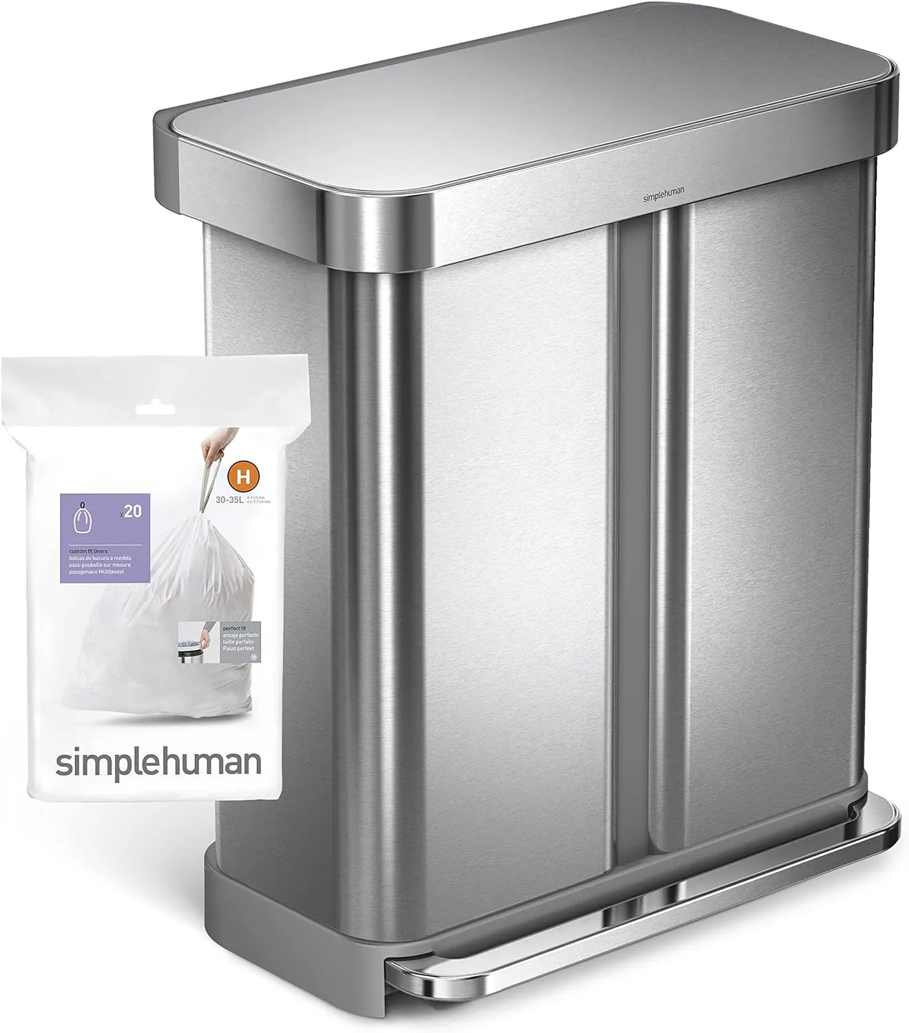simplehuman Code H 60 Count, Genuine Custom Fit Liners, Drawstring Trash Bags in Dispenser Packs, 30-35 Liter / 8-9.2 Gallon, White