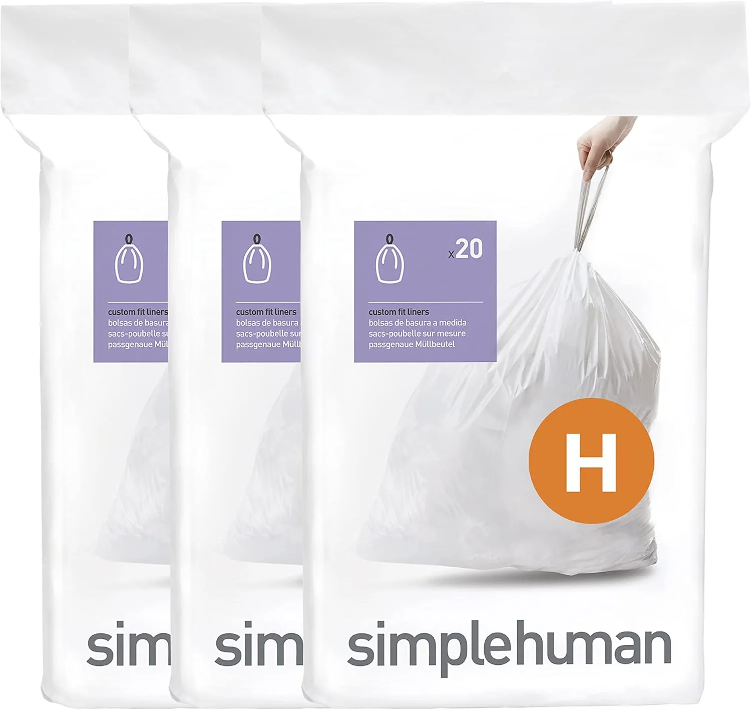 simplehuman Code H 60 Count, Genuine Custom Fit Liners, Drawstring Trash Bags in Dispenser Packs, 30-35 Liter / 8-9.2 Gallon, White