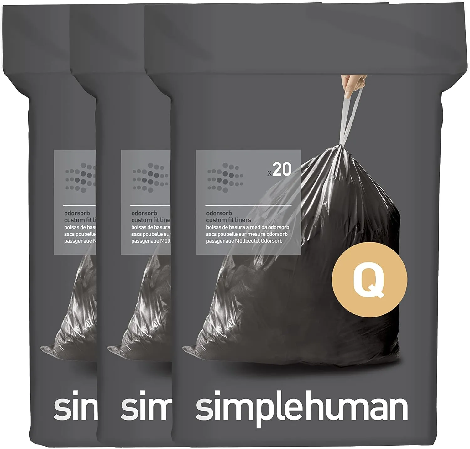 simplehuman Code Q 60 Count, Genuine Odorsorb Custom Fit Liners, Drawstring Odor Absorbing Trash Bags in Dispenser Packs, 50-65 Liter / 13-17 Gallon