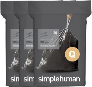 simplehuman Code Q 60 Count, Genuine Odorsorb Custom Fit Liners, Drawstring Odor Absorbing Trash Bags in Dispenser Packs, 50-65 Liter / 13-17 Gallon