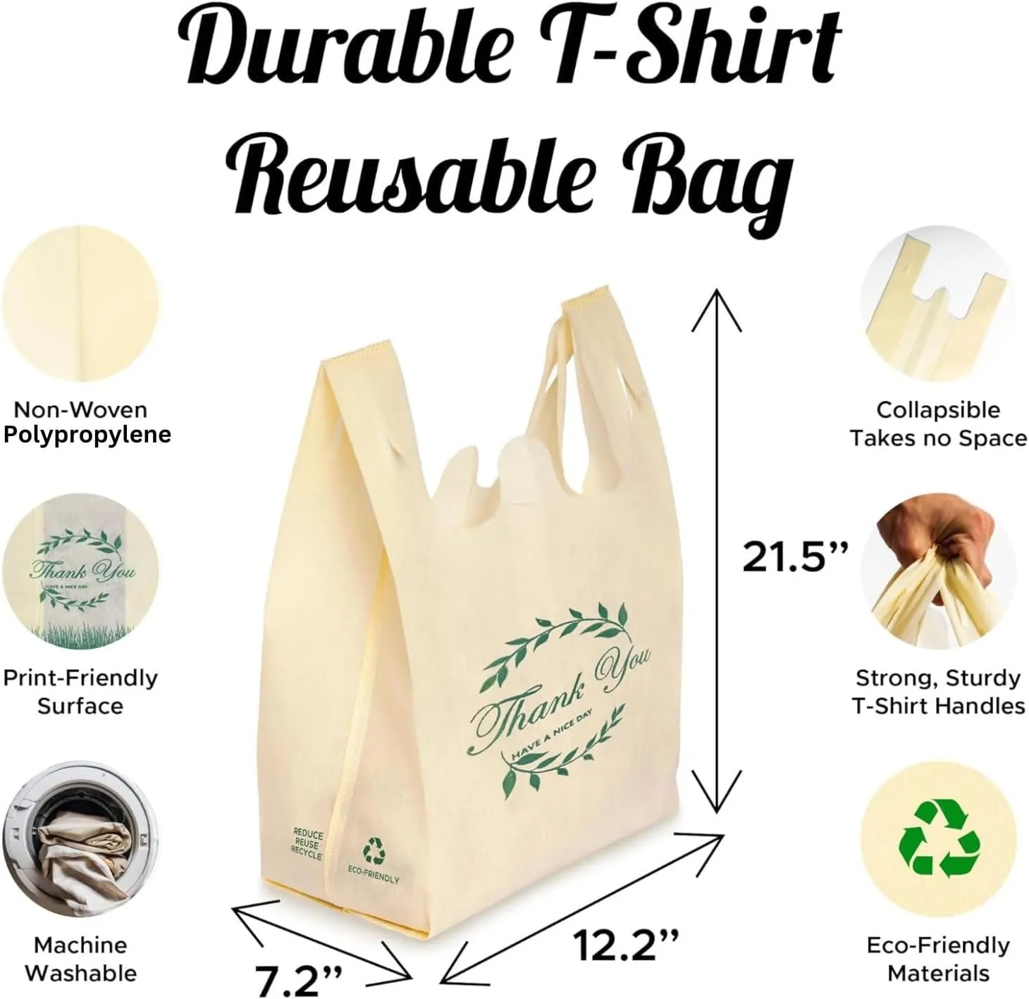 Simply Cool 300 Pack Reusable Thank You Eco-Friendly Grocery T-Shirt Shopping Bags 21.5”x12.2”x7.2” Durable, Recyclable Shopping Bags Washable, Foldable, Portable Tote Bags Bulk