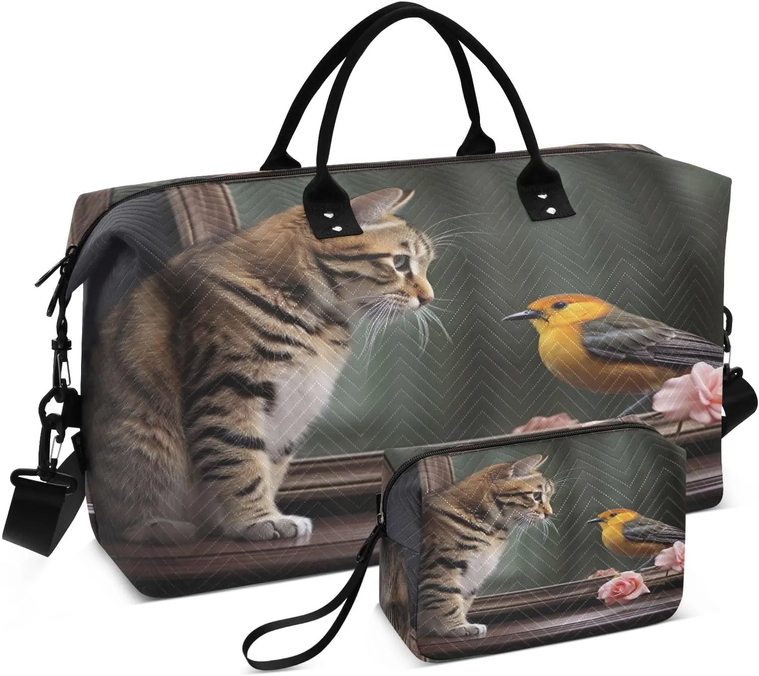 Sinestour Cat Bird Mirror Flowers Travel Duffel Bag for Men Women with Makeup Bag Weekend Overnight Carry On Bags for Travel Getaway Weekend