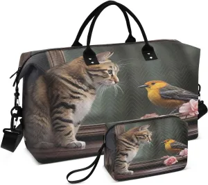 Sinestour Cat Bird Mirror Flowers Travel Duffel Bag for Men Women with Makeup Bag Weekend Overnight Carry On Bags for Travel Getaway Weekend