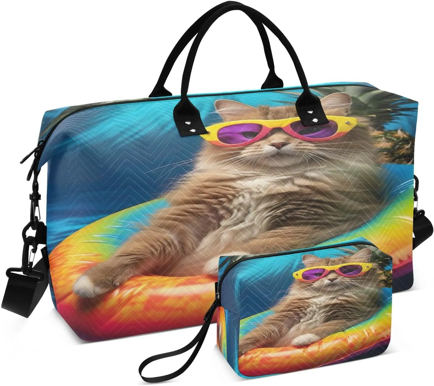 Sinestour Pineapple Swimming Float Cat Travel Duffel Bag for Men Women with Makeup Bag Weekend Overnight Carry On Bags for Travel Weekend Getaway