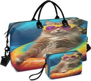 Sinestour Pineapple Swimming Float Cat Travel Duffel Bag for Men Women with Makeup Bag Weekend Overnight Carry On Bags for Travel Weekend Getaway