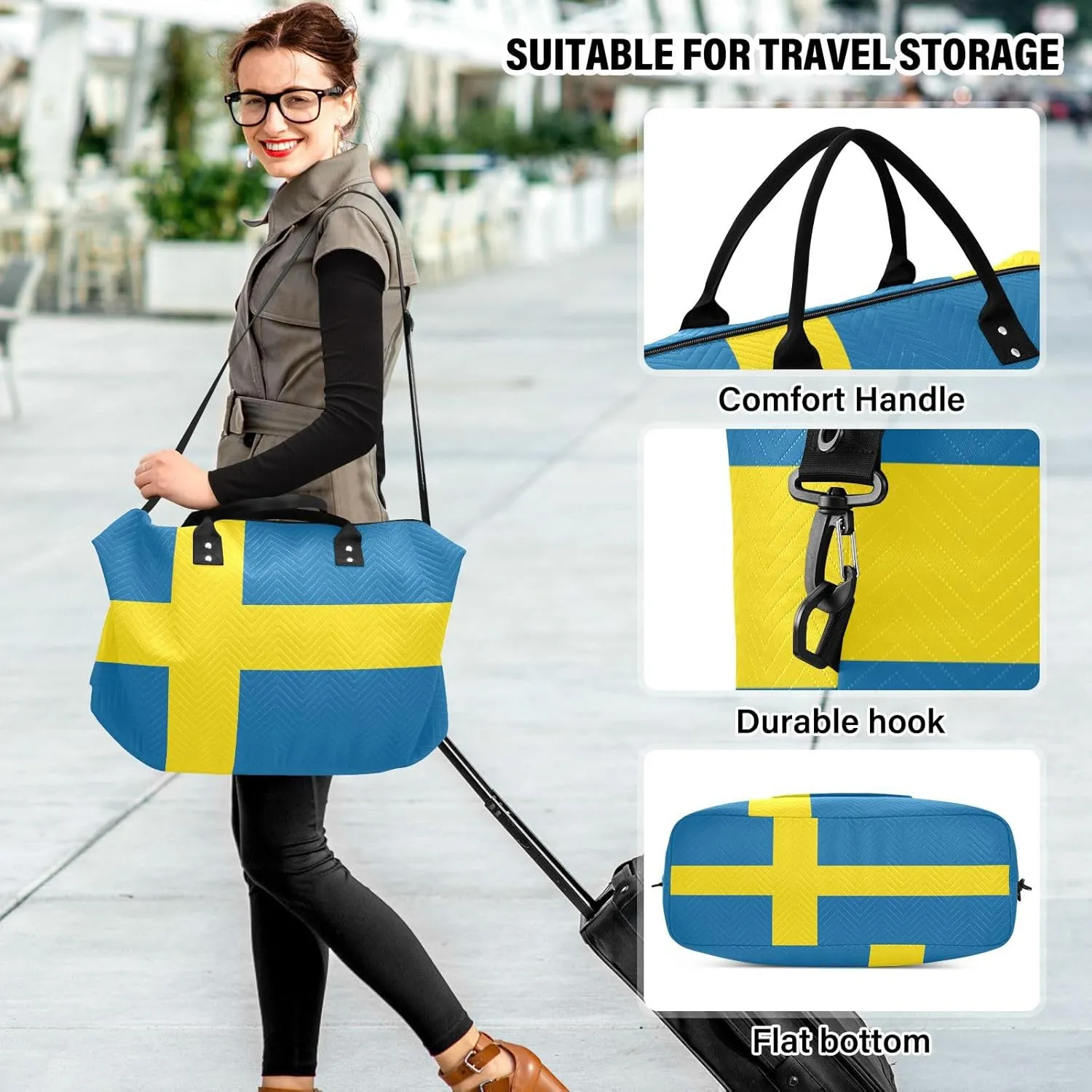 Sinestour Sweden Flag Travel Duffel Bag for Men Women with Makeup Bag Weekend Overnight Carry On Bags for Under Seat Travel Airline