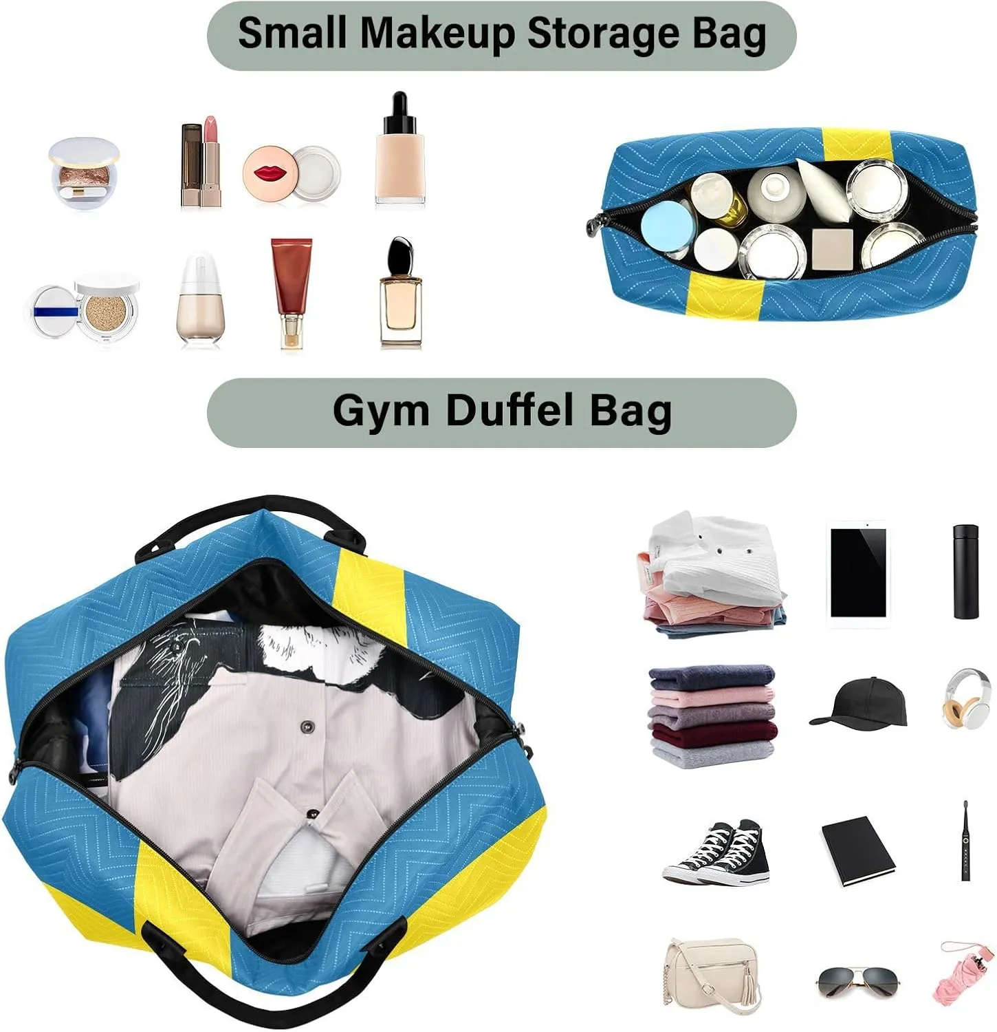 Sinestour Sweden Flag Travel Duffel Bag for Men Women with Makeup Bag Weekend Overnight Carry On Bags for Under Seat Travel Airline
